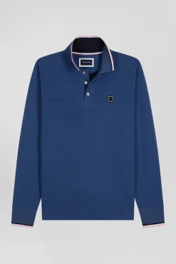 Regular dark blue long-sleeved cotton piqué polo shirt with tricolor details