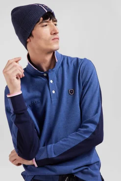 Regular dark blue long-sleeved cotton piqué polo shirt with tricolor details