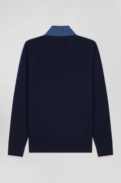 Regular dark blue long-sleeved cotton piqué polo shirt with tricolor details