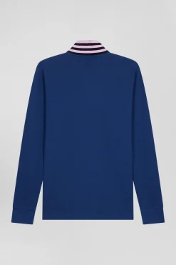 Regular dark blue long-sleeved cotton piqué polo shirt with striped collar