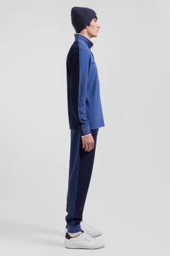 Regular dark blue long-sleeved cotton piqué polo shirt with tricolor details