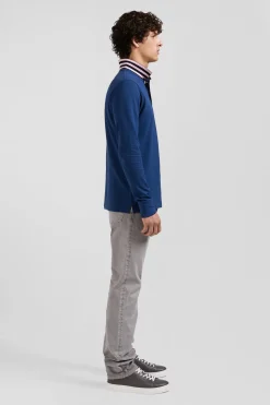 Regular dark blue long-sleeved cotton piqué polo shirt with striped collar