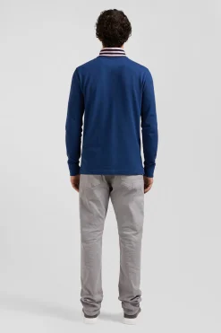 Regular dark blue long-sleeved cotton piqué polo shirt with striped collar
