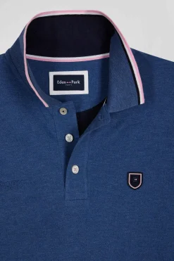 Regular dark blue long-sleeved cotton piqué polo shirt with tricolor details