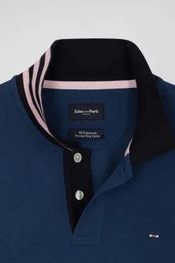 Regular dark blue long-sleeved cotton piqué polo shirt with striped collar