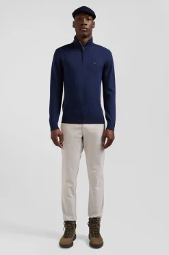 Regular dark blue semi-zipped wool and cotton jumper