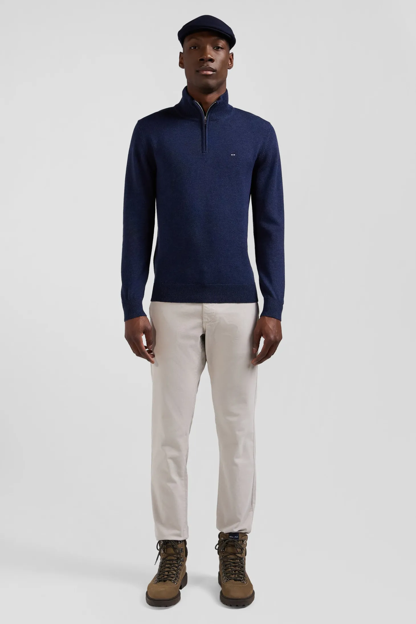 Regular dark blue semi-zipped wool and cotton jumper