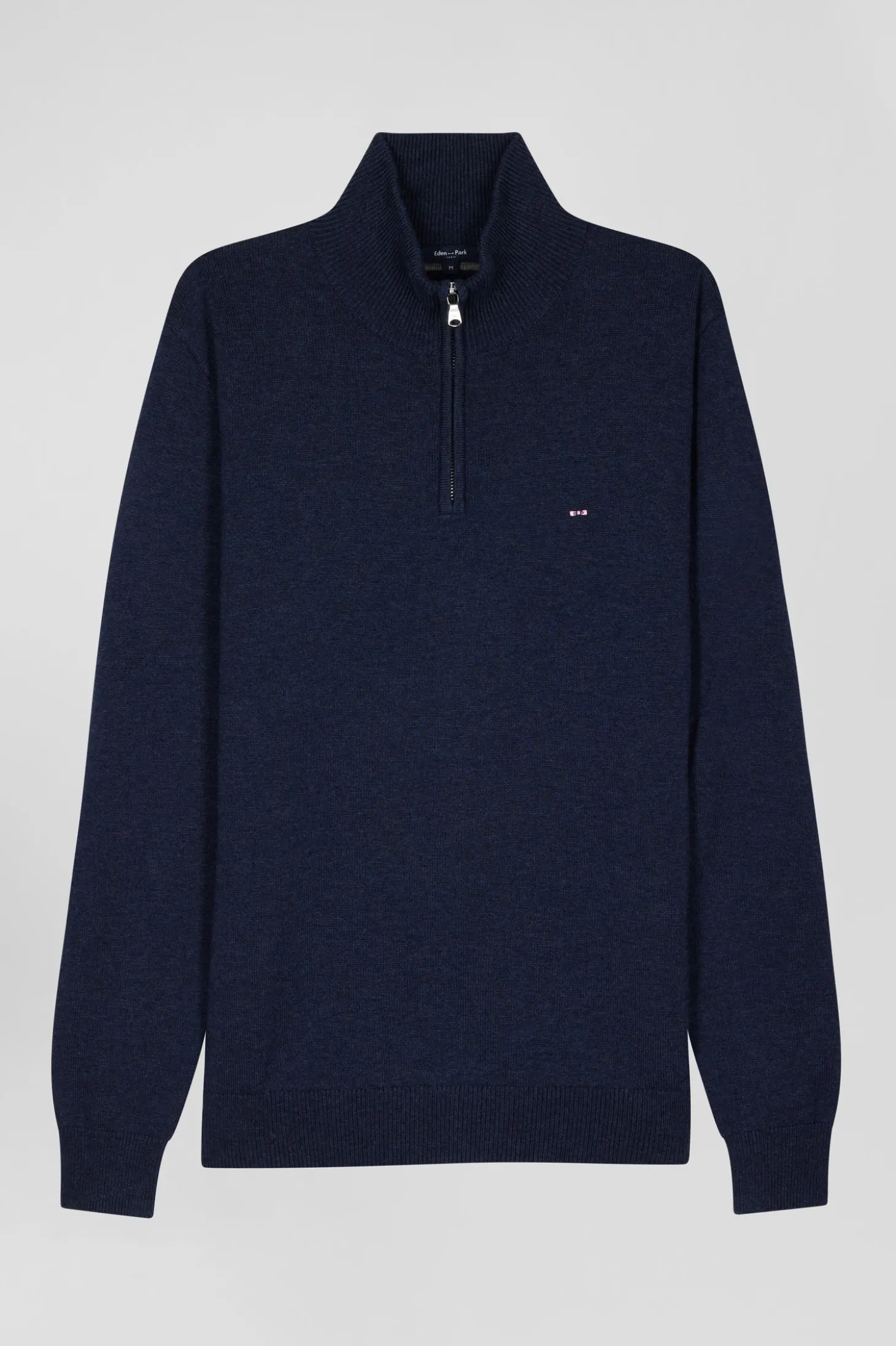 Regular dark blue semi-zipped wool and cotton jumper