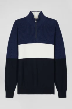Regular dark blue semi-zipped cotton jumper with knit patterns