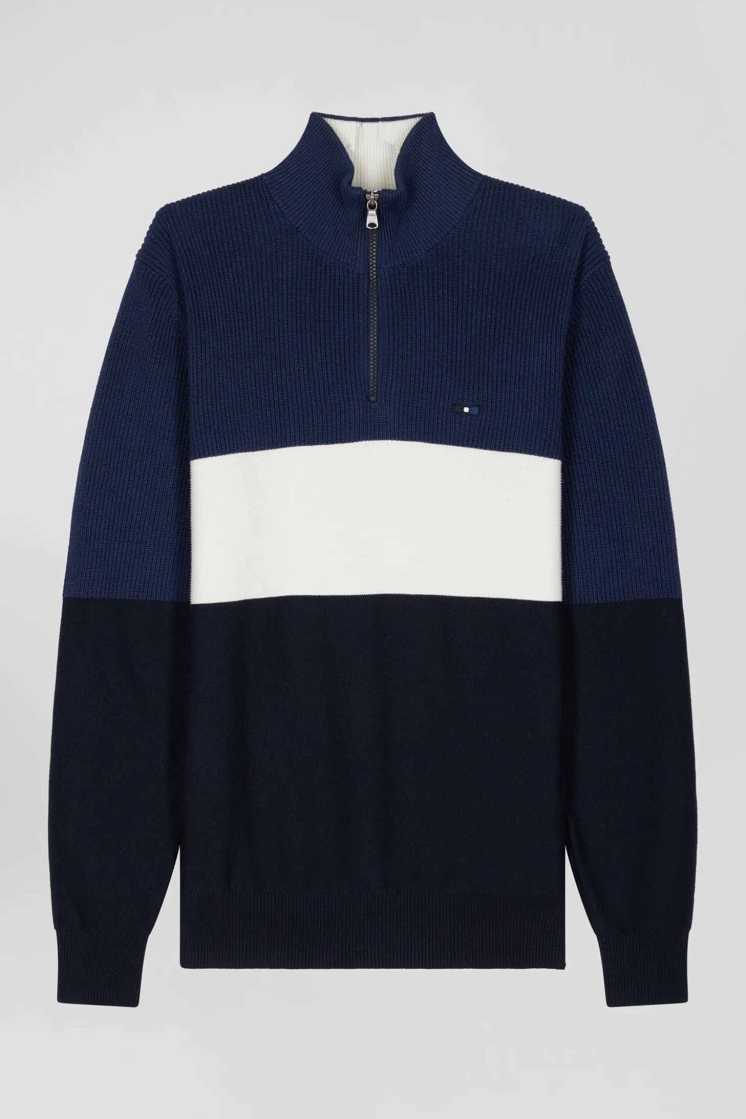 Regular dark blue semi-zipped cotton jumper with knit patterns