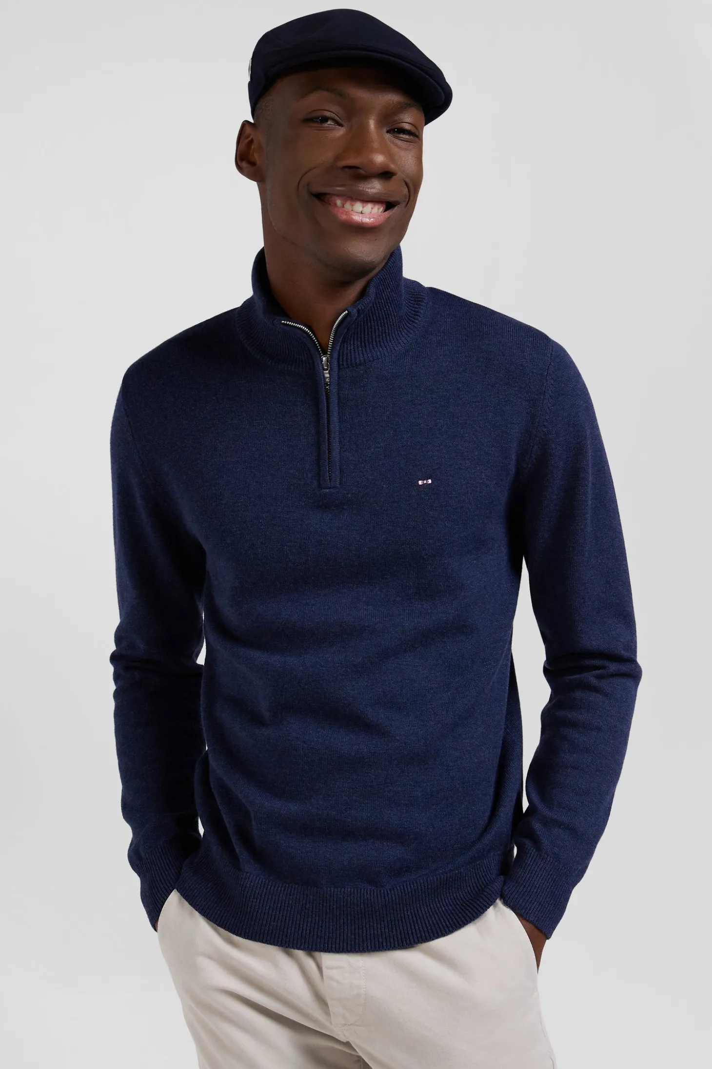 Regular dark blue semi-zipped wool and cotton jumper