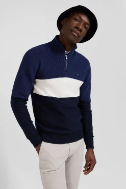 Regular dark blue semi-zipped cotton jumper with knit patterns