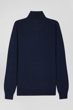 Regular dark blue semi-zipped wool and cotton jumper