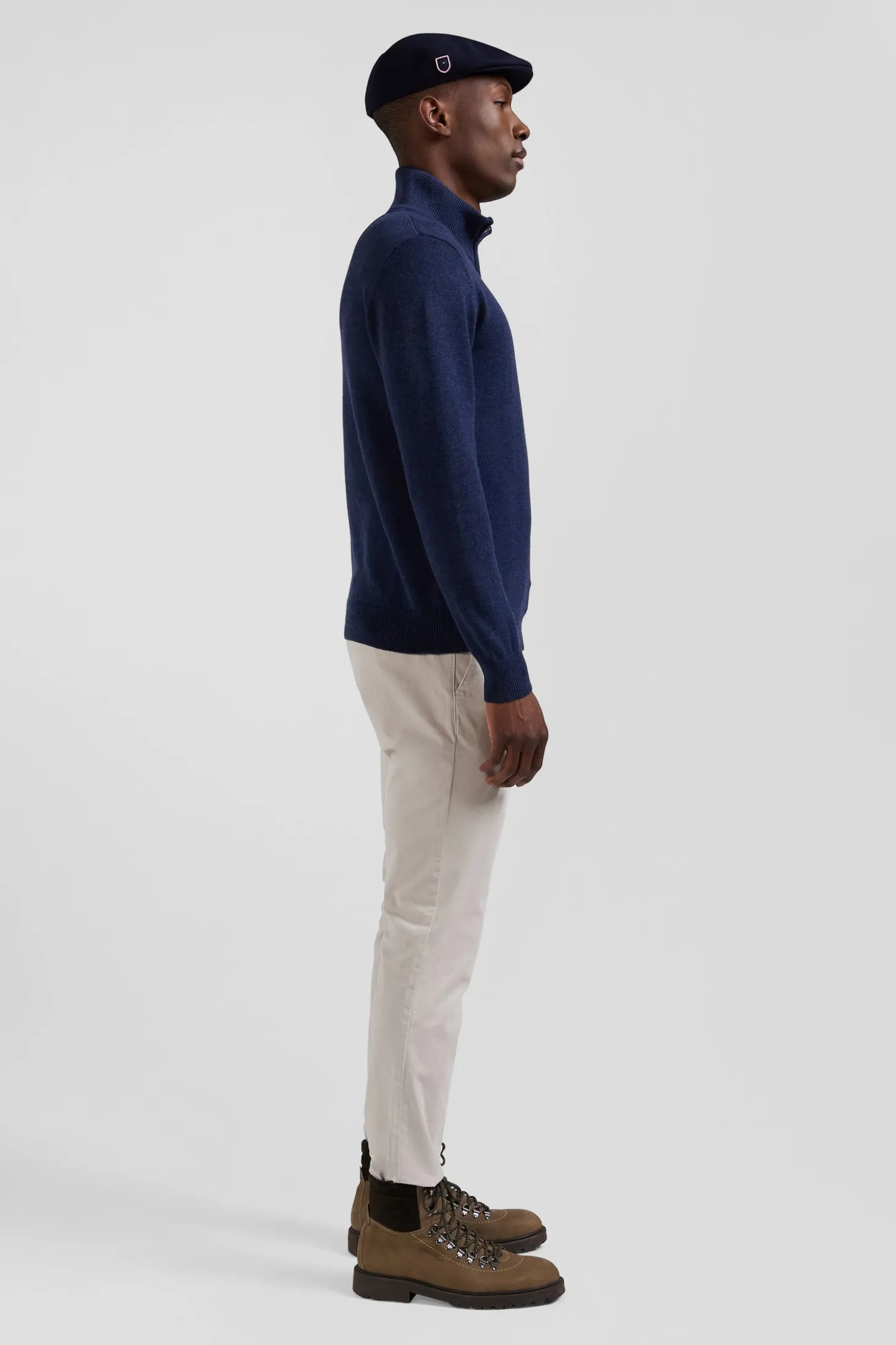 Regular dark blue semi-zipped wool and cotton jumper