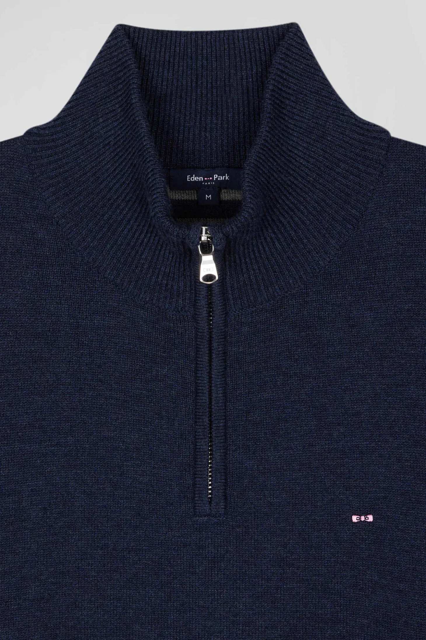 Regular dark blue semi-zipped wool and cotton jumper