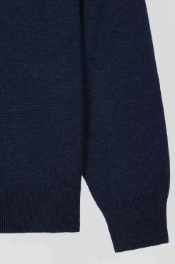 Regular dark blue semi-zipped wool and cotton jumper