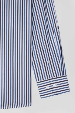 Regular dark blue striped cotton poplin shirt
