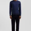Regular dark blue wool and cotton crew neck jumper