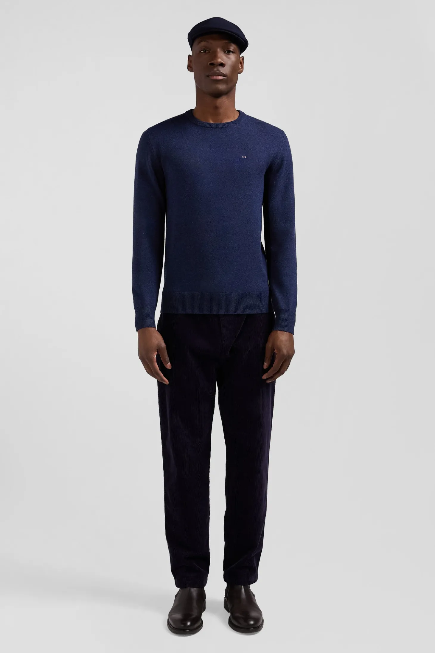 Regular dark blue wool and cotton crew neck jumper