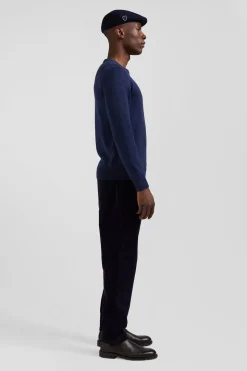 Regular dark blue wool and cotton crew neck jumper