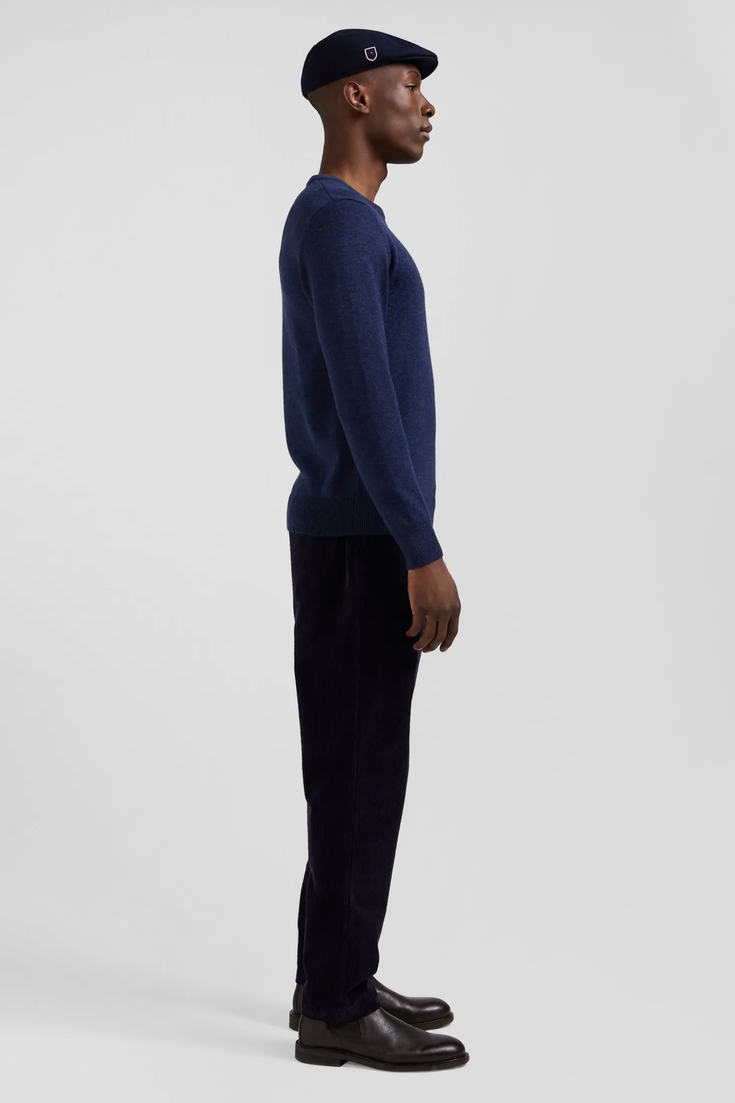 Regular dark blue wool and cotton crew neck jumper