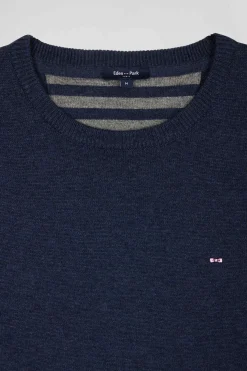 Regular dark blue wool and cotton crew neck jumper