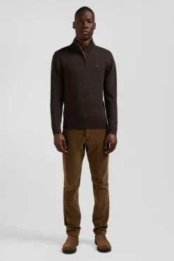 Regular dark brown semi-zipped wool and cotton jumper