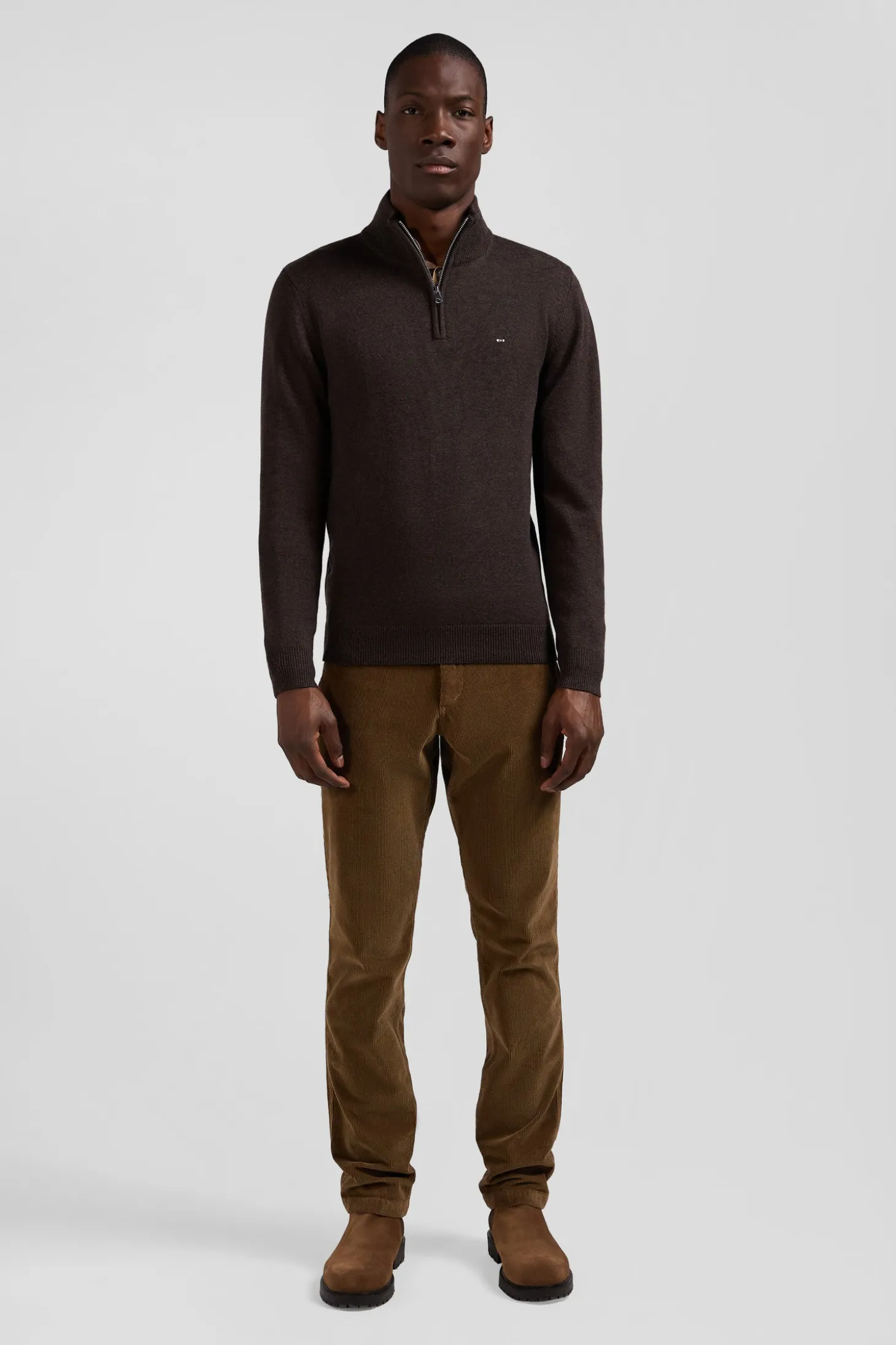 Regular dark brown semi-zipped wool and cotton jumper
