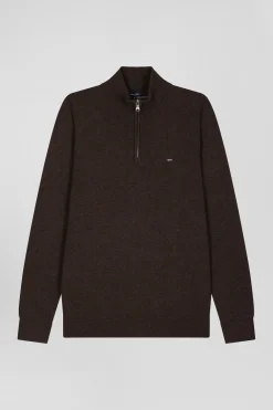 Regular dark brown semi-zipped wool and cotton jumper