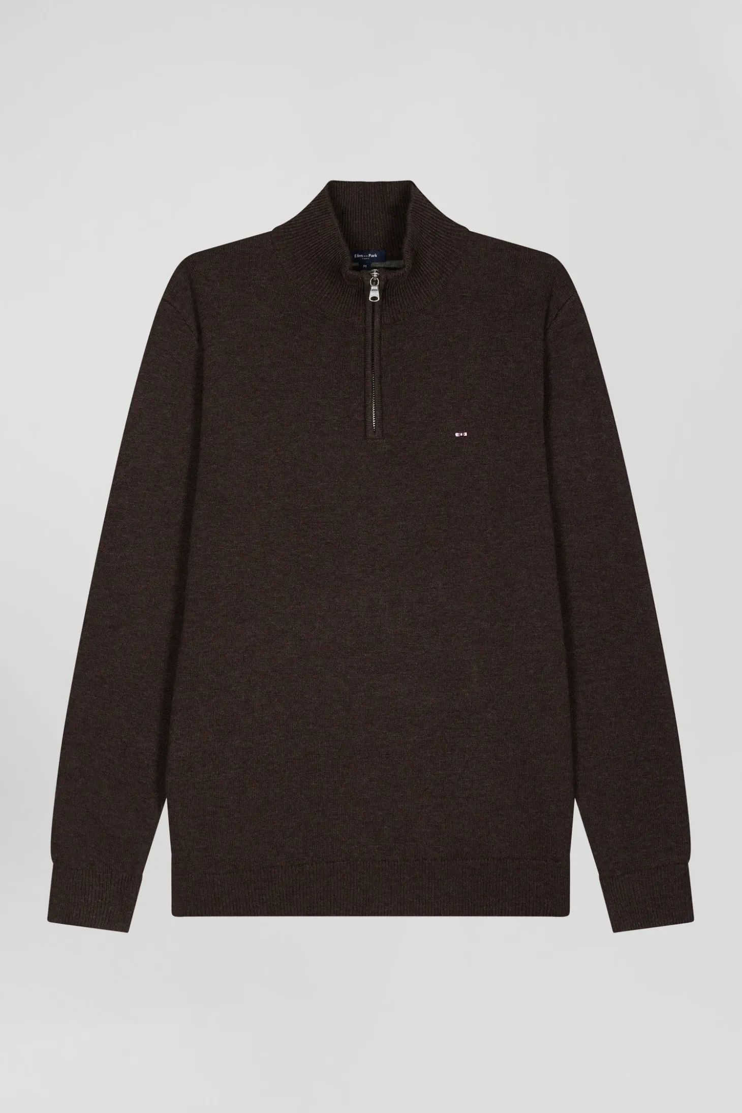 Regular dark brown semi-zipped wool and cotton jumper