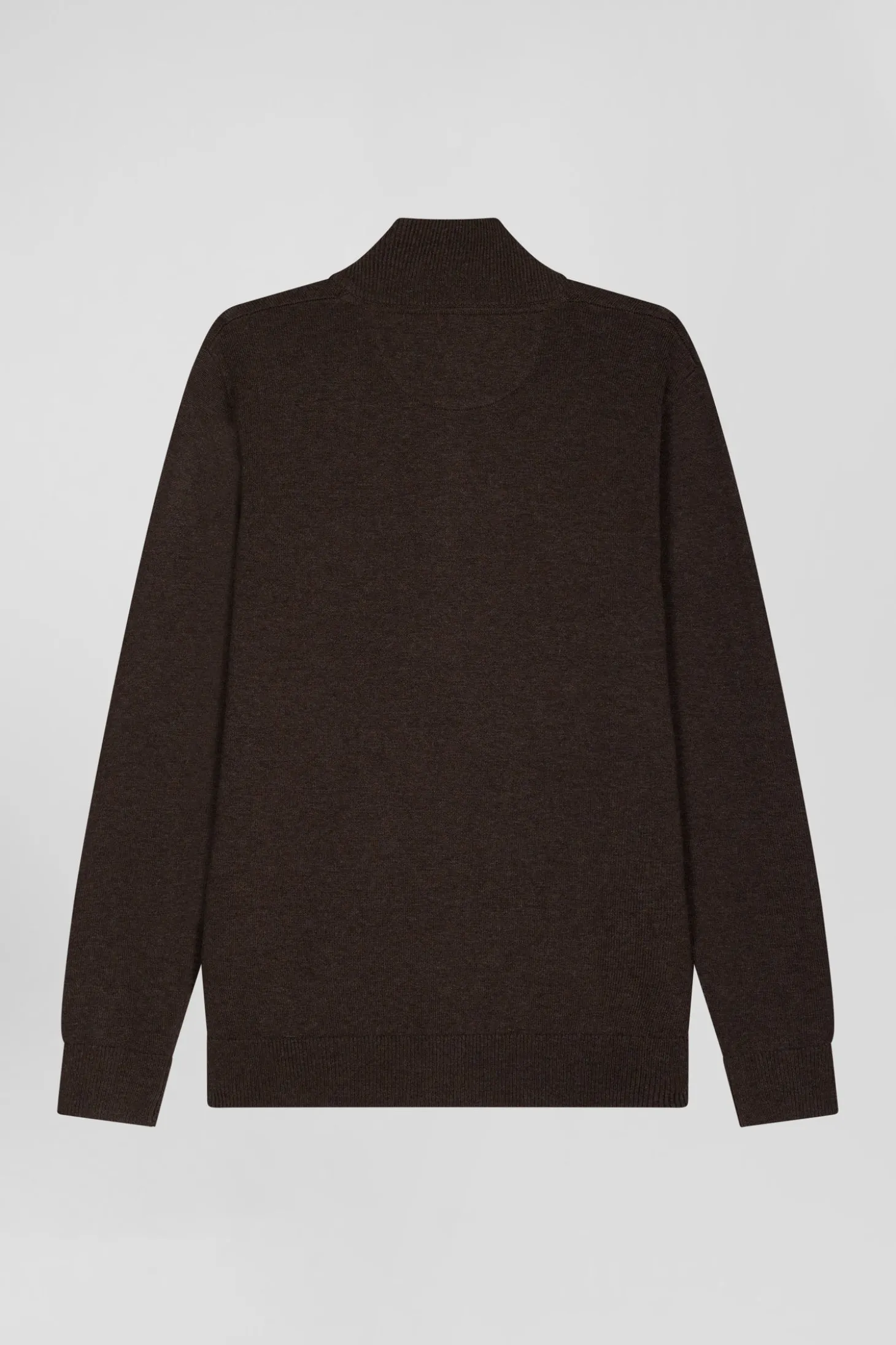 Regular dark brown semi-zipped wool and cotton jumper