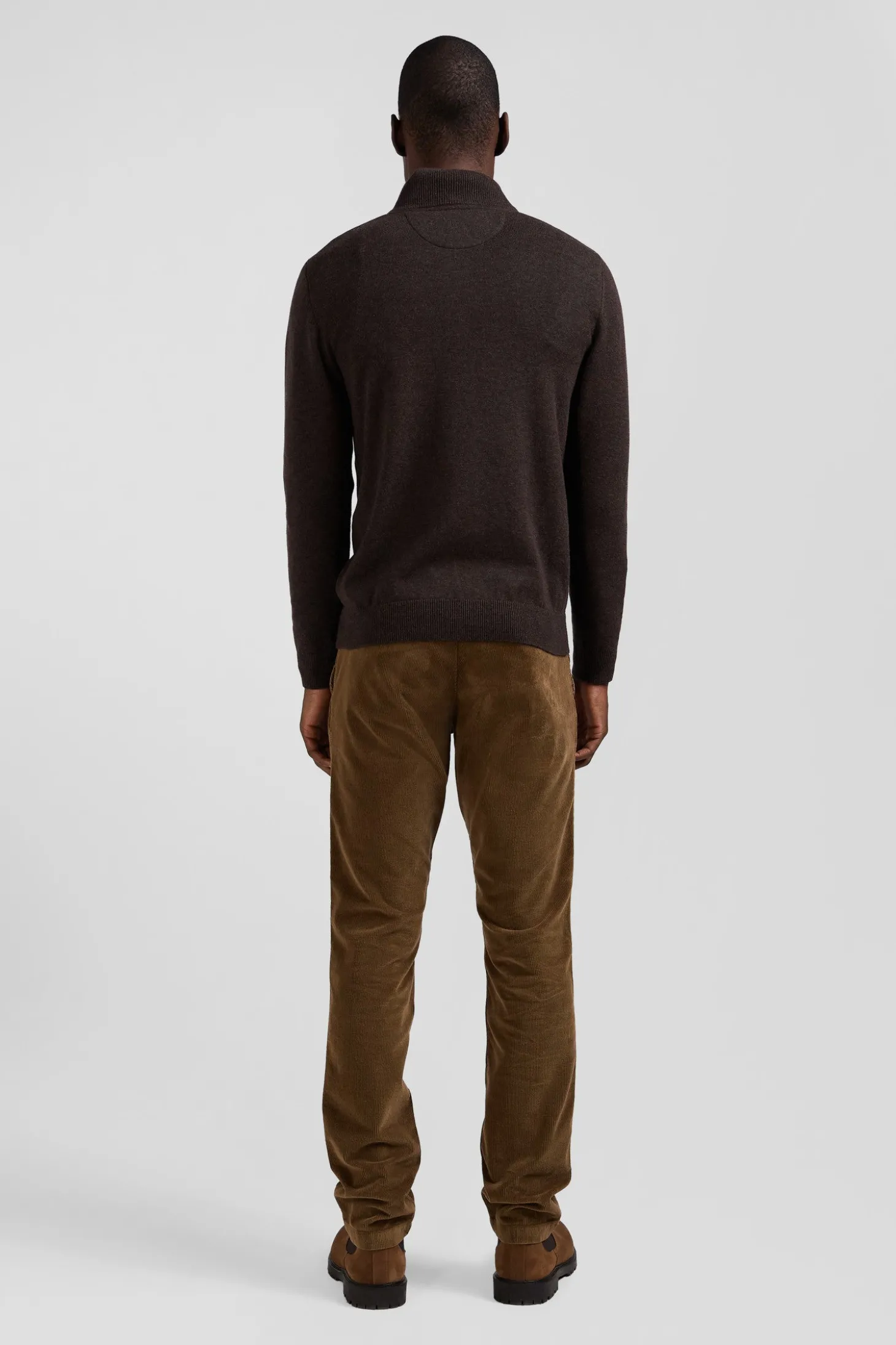 Regular dark brown semi-zipped wool and cotton jumper