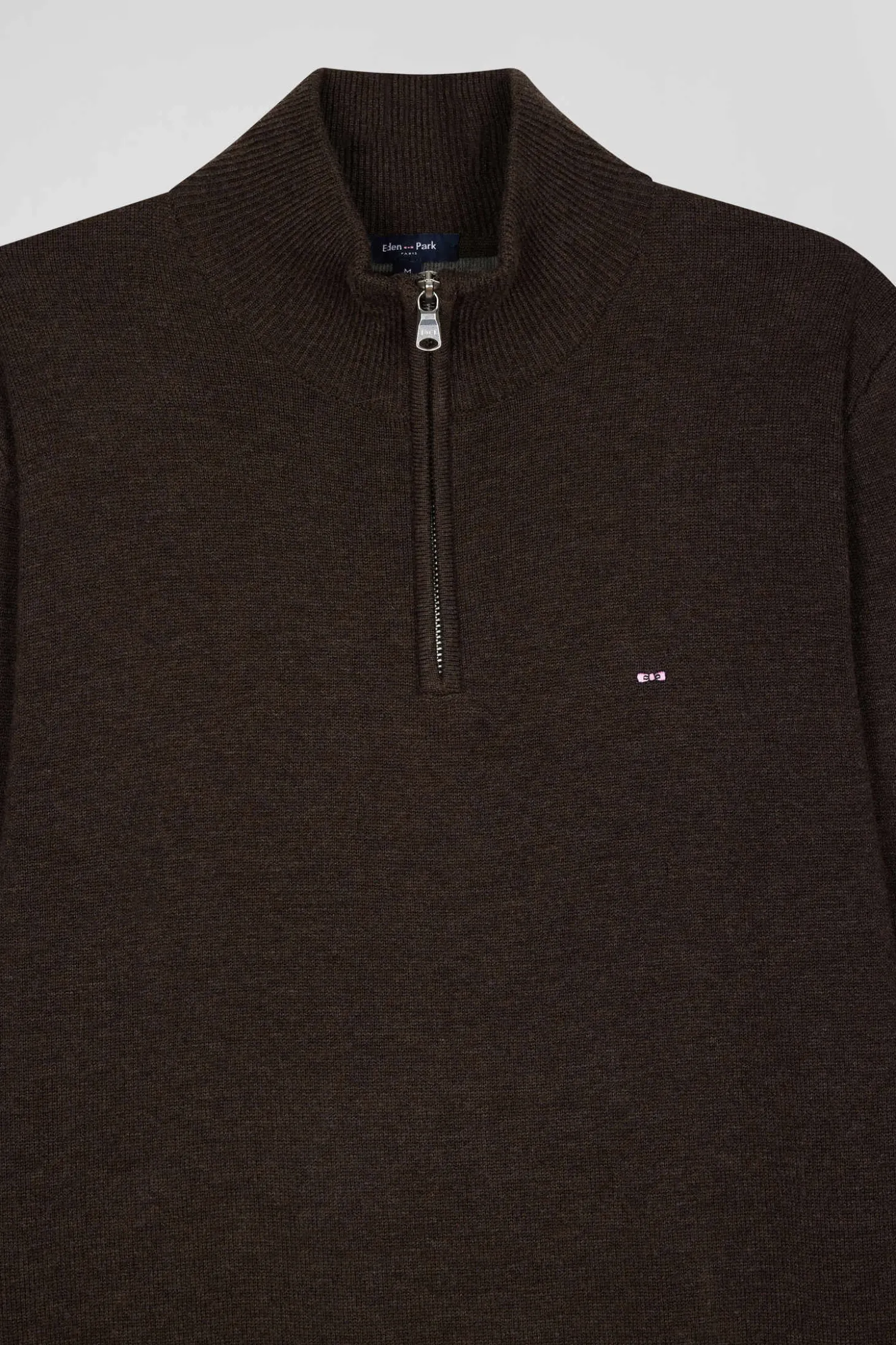 Regular dark brown semi-zipped wool and cotton jumper