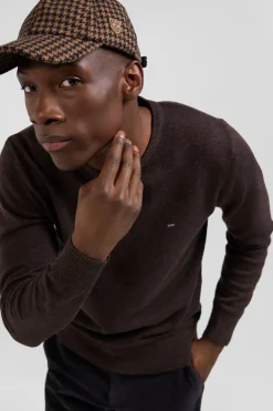 Regular dark brown wool and cotton crew neck jumper