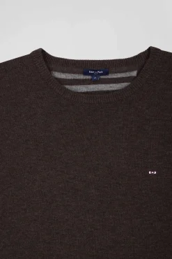 Regular dark brown wool and cotton crew neck jumper