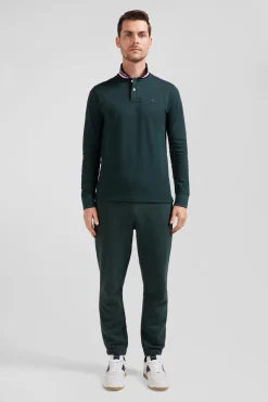 Regular dark green long-sleeved cotton piqué polo shirt