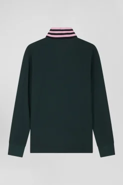 Regular dark green long-sleeved cotton piqué polo shirt