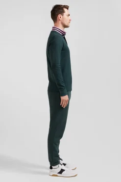 Regular dark green long-sleeved cotton piqué polo shirt
