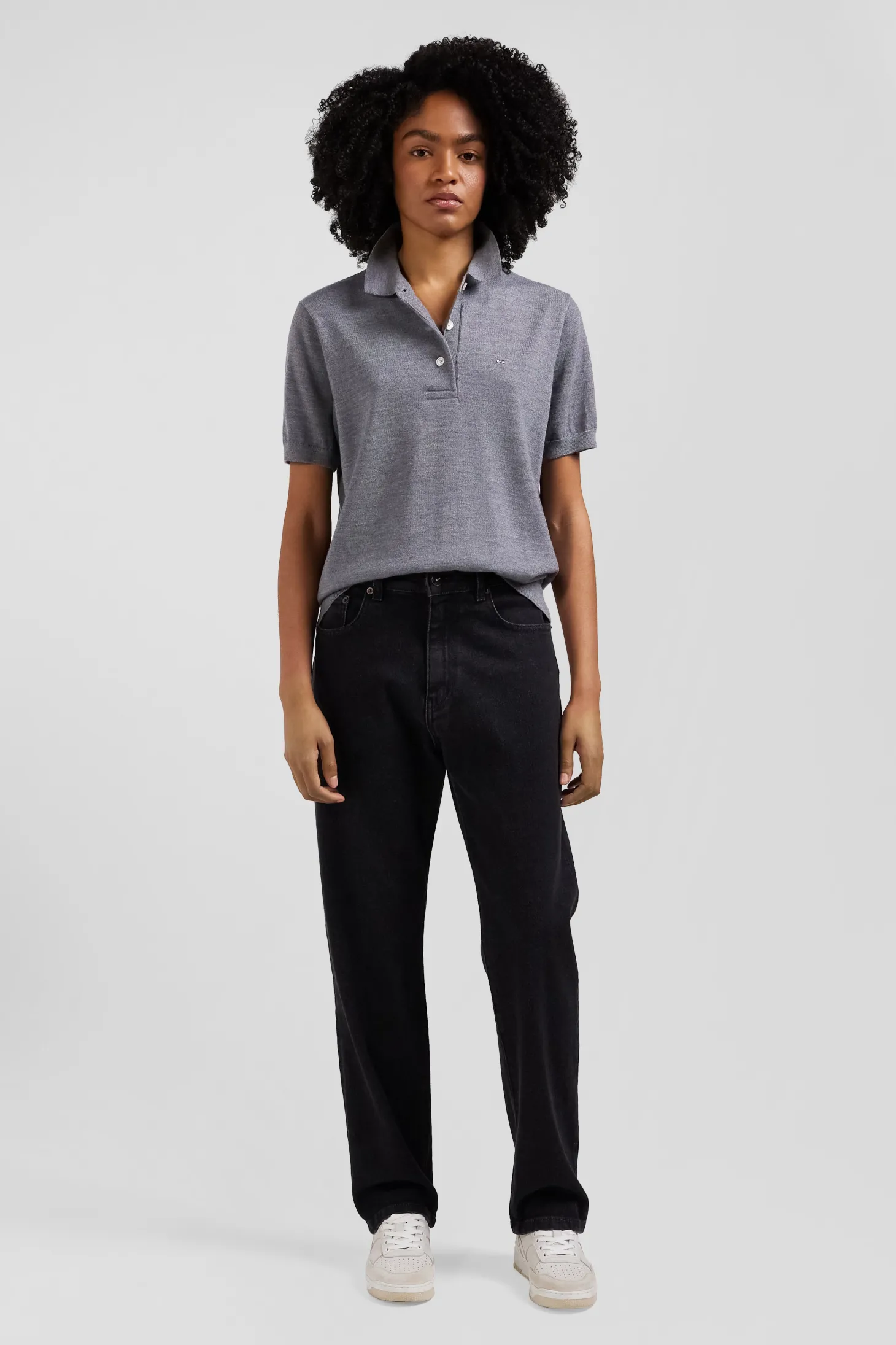 Regular dark grey short-sleeved wool polo neck jumper