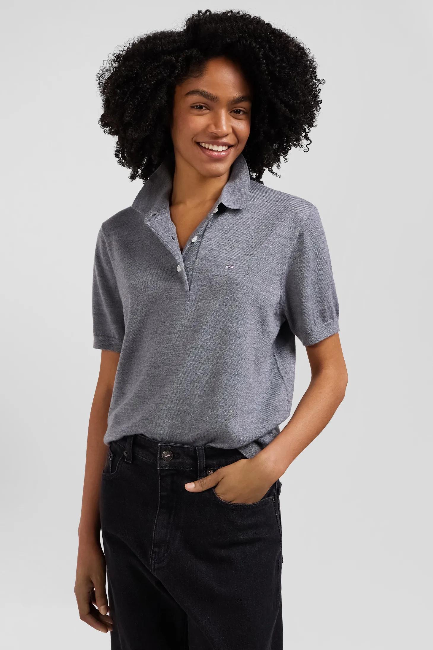 Regular dark grey short-sleeved wool polo neck jumper