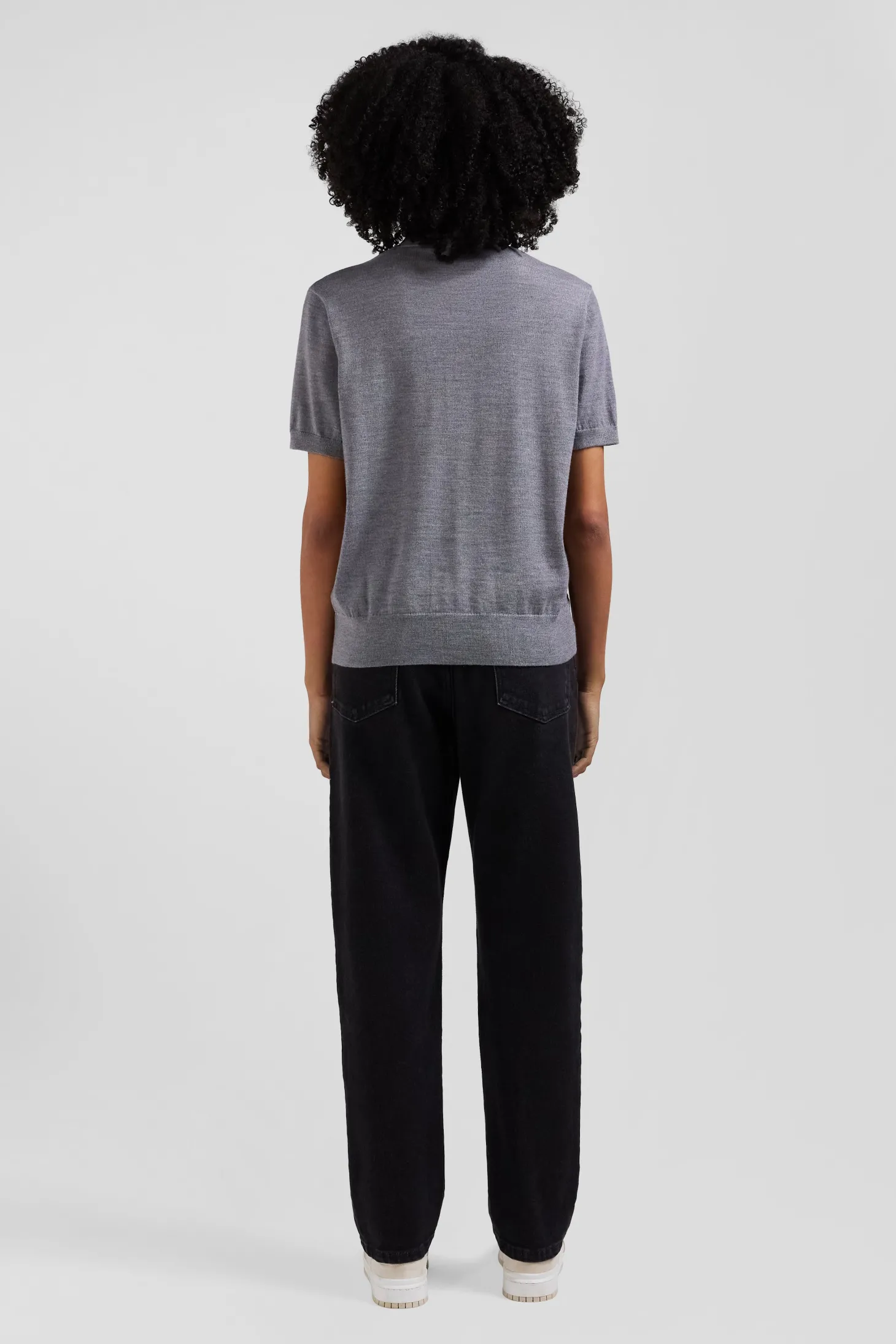 Regular dark grey short-sleeved wool polo neck jumper