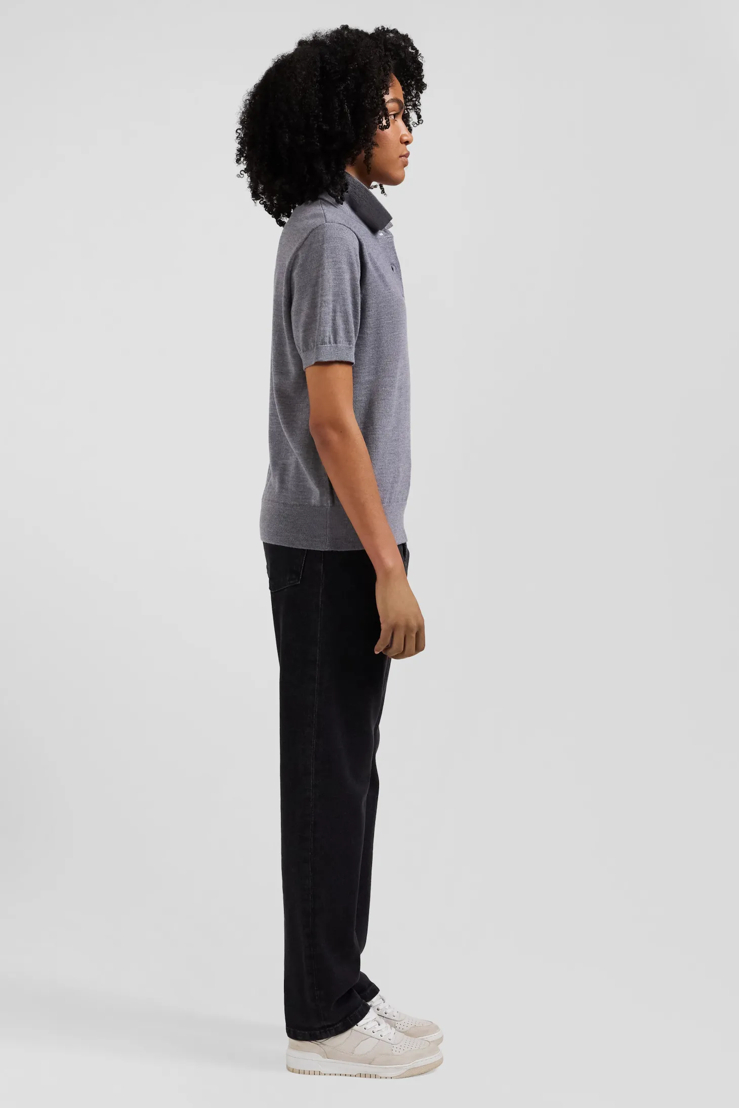 Regular dark grey short-sleeved wool polo neck jumper