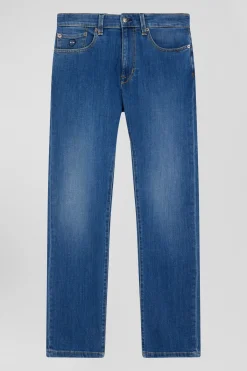 Regular double stone-washed raw stretch denim jeans