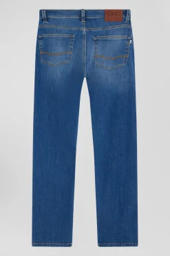 Regular double stone-washed raw stretch denim jeans