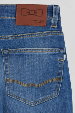 Regular double stone-washed raw stretch denim jeans