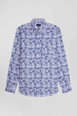 Regular ecru and blue cotton shirt with graphic print