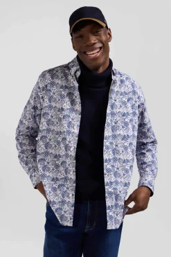 Regular ecru and blue cotton shirt with graphic print