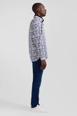 Regular ecru and blue cotton shirt with graphic print