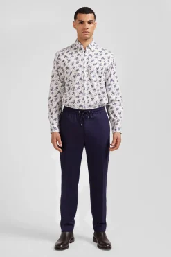 Regular ecru cotton poplin shirt with navy floral print