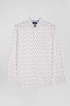 Regular ecru cotton poplin shirt with micro floral print